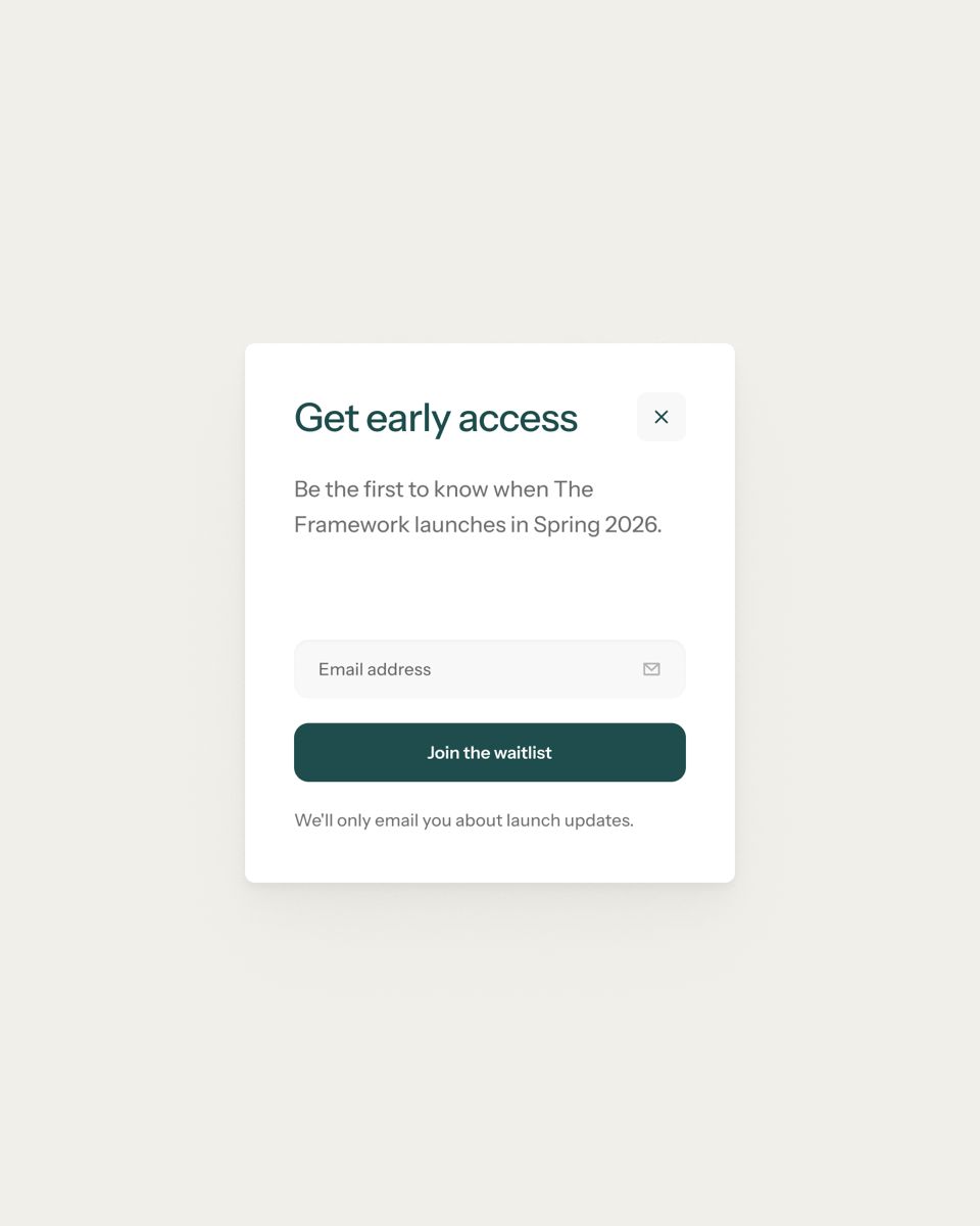 The Framework marketing website sign-up pop-up