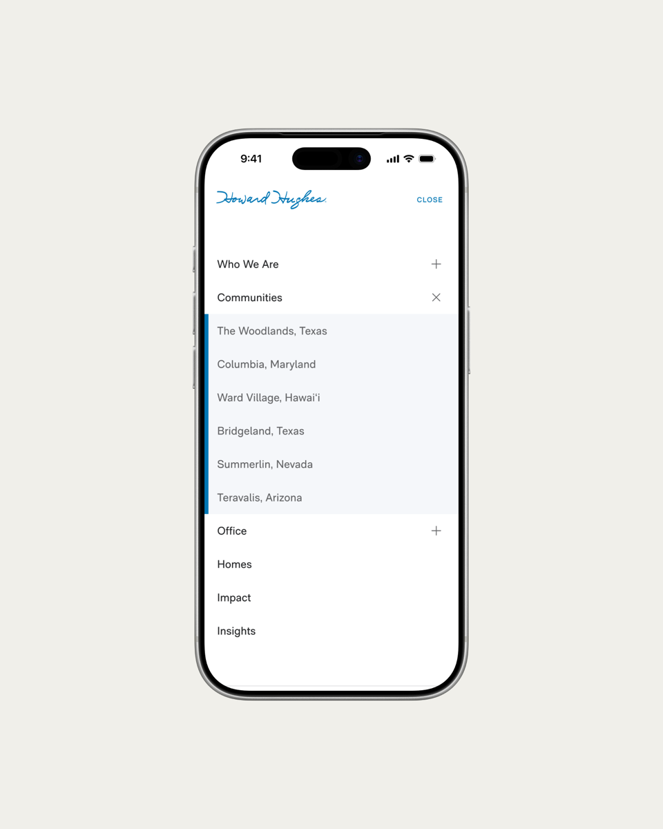 Howard Hughes corporate site on mobile