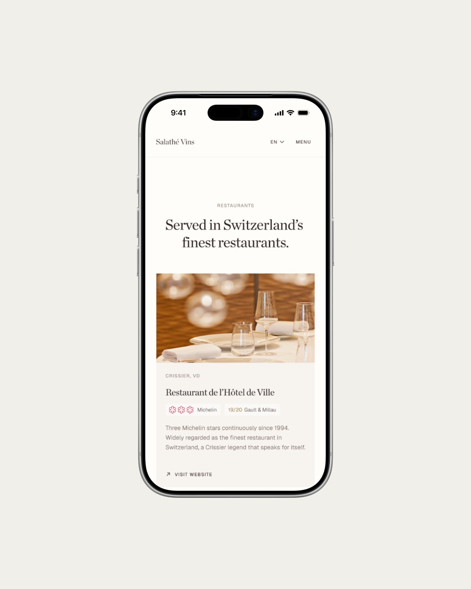 Salathé Vins restaurants page on mobile